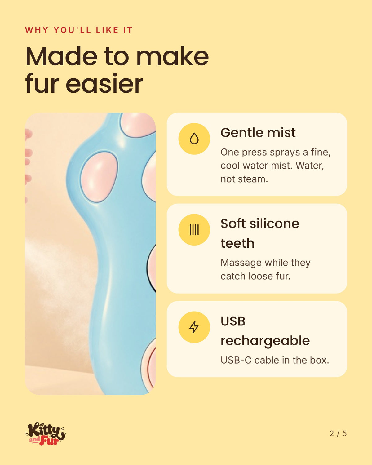 Mist Brush features: gentle mist, soft silicone teeth, USB rechargeable