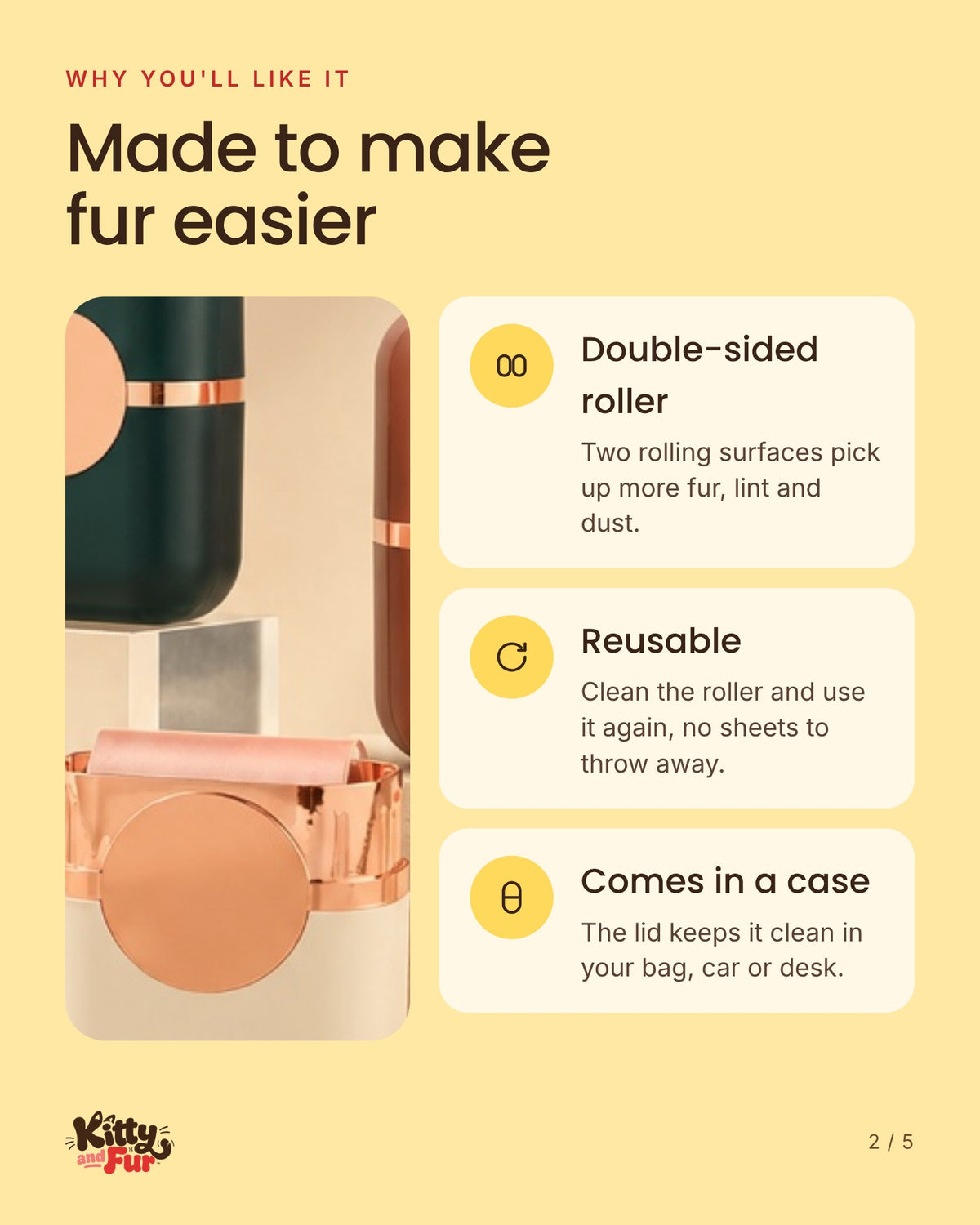 Pebble Roller features: double-sided, reusable, comes in a case