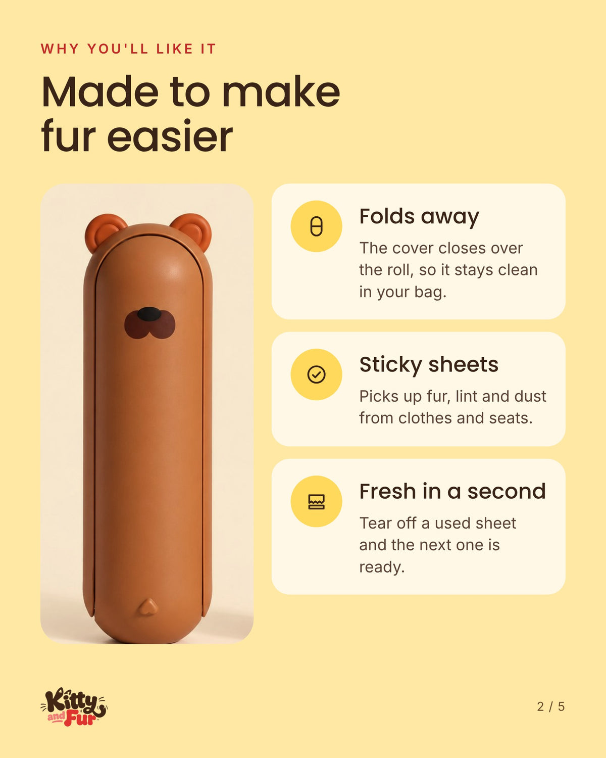 Pocket Roller features: folds away, sticky sheets, easy refills