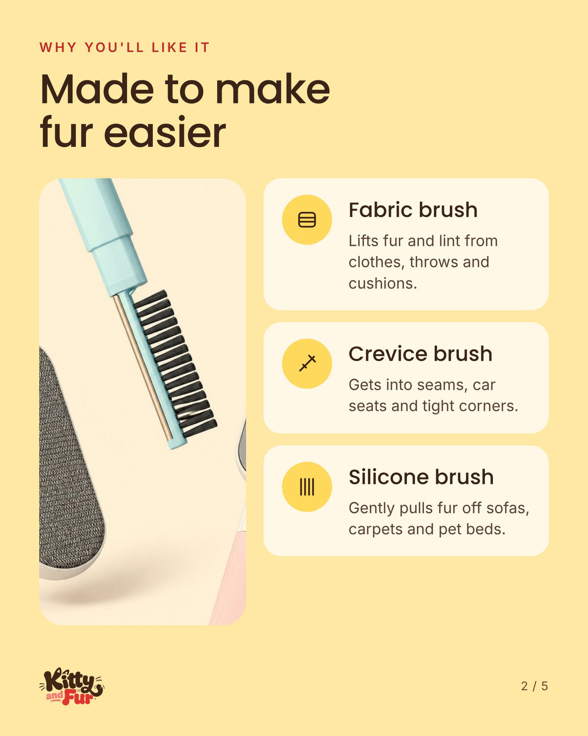Sofa Brush Set features: fabric, crevice and silicone brushes