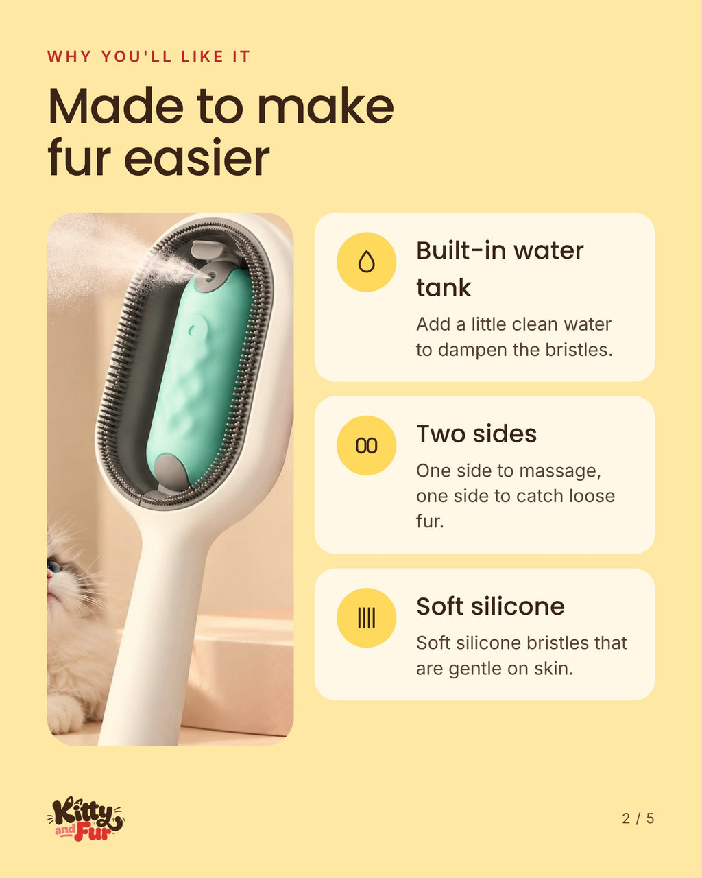 Water Comb features: water tank, two sides, soft silicone